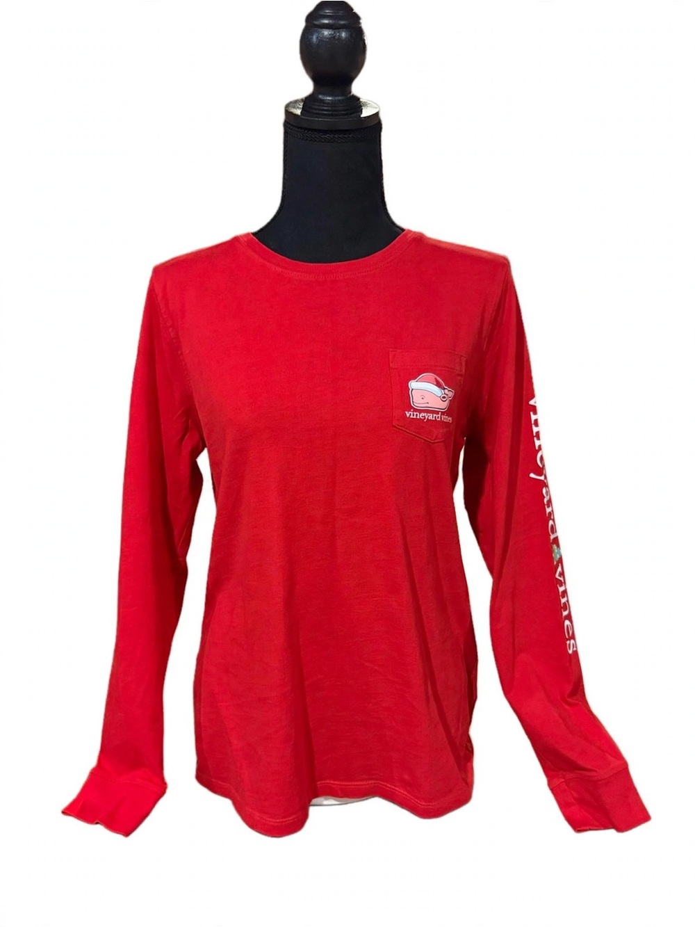 Vineyard Vines Santa Whale Long Sleeve T-Shirt Red Christmas Pocket Tee Womens S